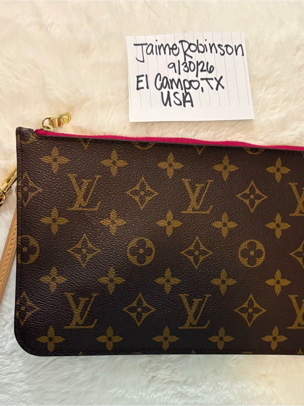 Louis Vuitton Brown Monogram Canvas Wristlet with Pink Trim